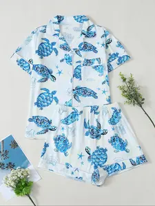2pcs/Set Cute Ocean Theme Sea Turtle Printed Women Pajamas Set, Short Sleeve Collared Top & Relaxed Elastic Waist Shorts, Casual Sleepwear Loungewear, All Seasons, Two Pieces Set