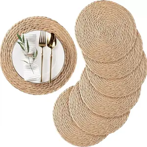 Handmade Woven Placemats Set, Japanese Rustic Tea Cup Insulation Mats, Round Straw Bowl Coasters, Vintage Anti-Slip Washable Table Mats
