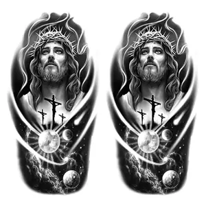 2 Sheets Jesus Cross Moon Temporary Tattoos for Adults, Spiritual Religious Fake Tattoo Stickers, Realistic Black and White Galaxy Nebula Waterproof Long Lasting Body Art for Shoulder Arm