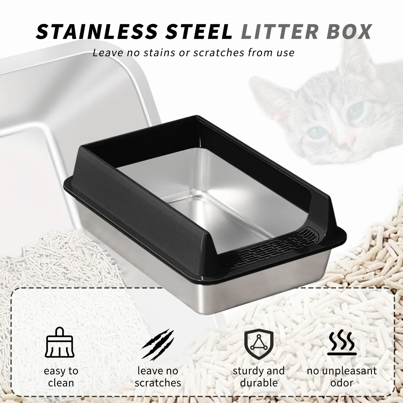 Stainless steel semi-enclosed cat litter box, with high sides and splash-proof entrance. Pet supplies, cat litter box, cat toilet, easy to assemble and disassemble, high quality, available in L and XL sizes (black).