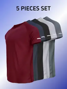 Men's Quick-Dry Short Sleeve T-Shirt Set, Gym Tees, Gym Apparel, Workout Clothes, Sporty Casual Breathable Fabric, Lightweight Comfort Fit, All Seasons Wear, 5 Pieces