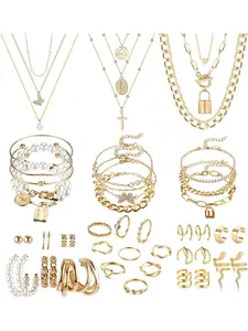 46Pcs Gold Plated Jewelry Set for Women with 3PCS Necklace 12Pcs Bracelets 9Pcs Knuckle Rings 10PCS Ear Cuffs Earring and 12pcs Gold Earrings Women Accessories Jewellery