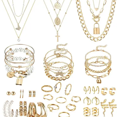 46Pcs Gold Plated Jewelry Set for Women with 3PCS Necklace 12Pcs Bracelets 9Pcs Knuckle Rings 10PCS Ear Cuffs Earring and 12pcs Gold Earrings Women Accessories Jewellery Jewellery Gift Set