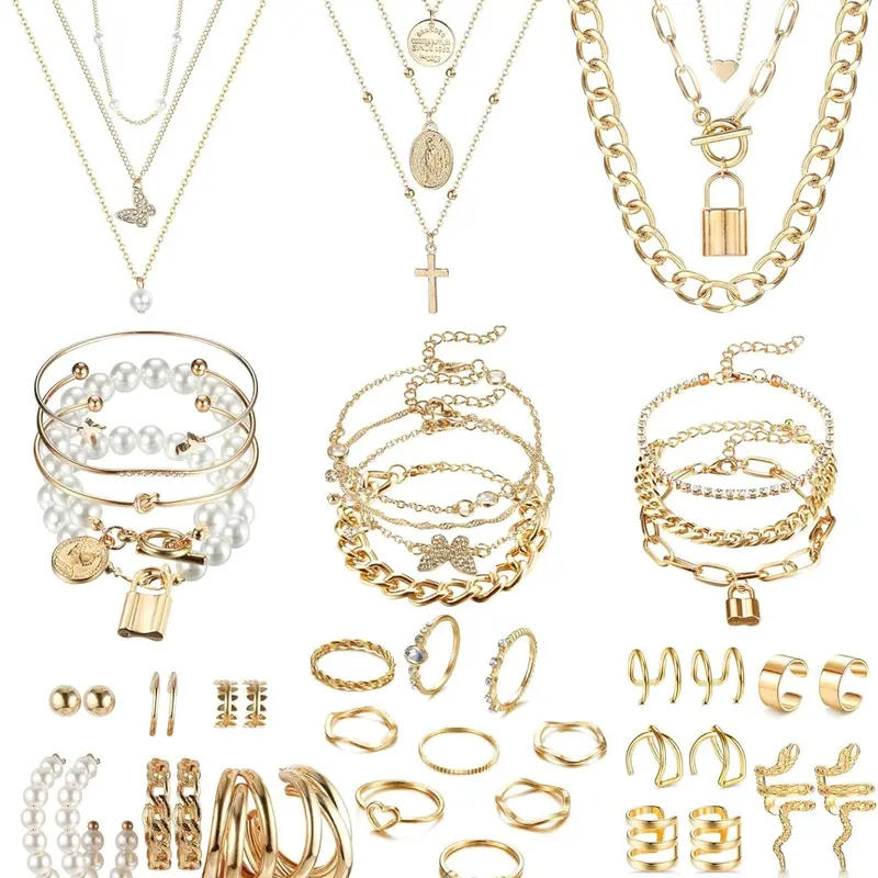 46Pcs Gold Plated Jewelry Set for Women with 3PCS Necklace 12Pcs Bracelets 9Pcs Knuckle Rings 10PCS Ear Cuffs Earring and 12pcs Gold Earrings Women Accessories Jewellery Jewellery Gift Set