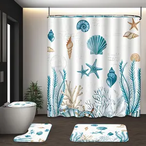 LVRLVR 4Pcs Watercolor Coastal Seashell Starfish Print Nautical Boho Multi-Color Shower Curtain Set Bathroom Accessory 70.8×70.8 Inch