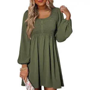 Dokotoo Womens 2026 Casual Dress Smocked Crewneck Button Up Long Sleeve Empire Waist A-Line Mini Dress Dokotoo Womens 2026 Casual Dress Smocked Crewneck Button Up Long Sleeve Empire Waist A-Line Mini Dress