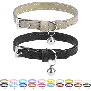 2 PCS Soft Genuine Leather Cat Kitten Collar with Bells Adjustable for Girl Boy Cats Puppy - Black, Khaki