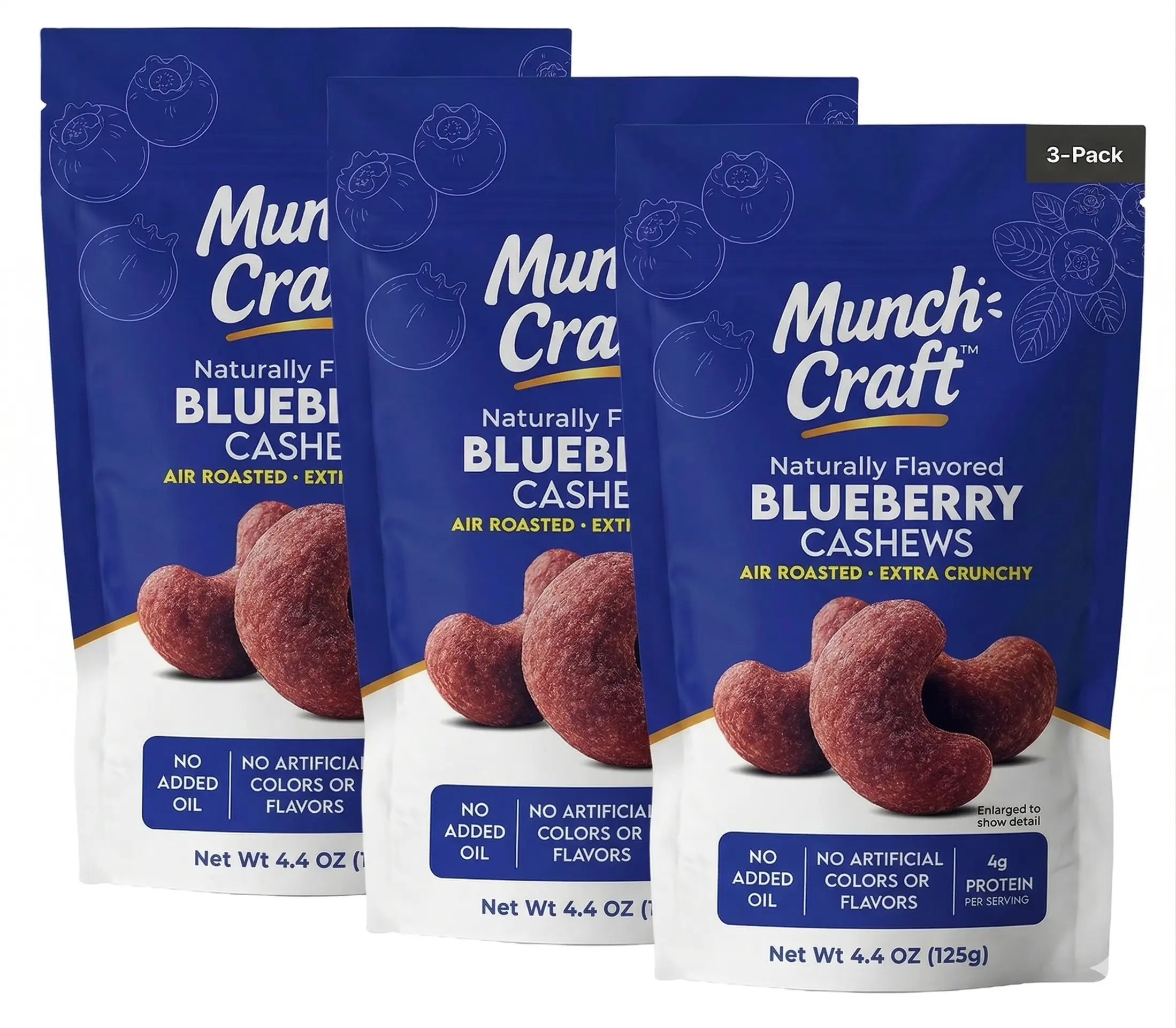 Munch Craft Blueberry Cashews - Air Roasted, Bold Flavor Coating, 4.4 oz Resealable Bags, Premium Crunchy Quality