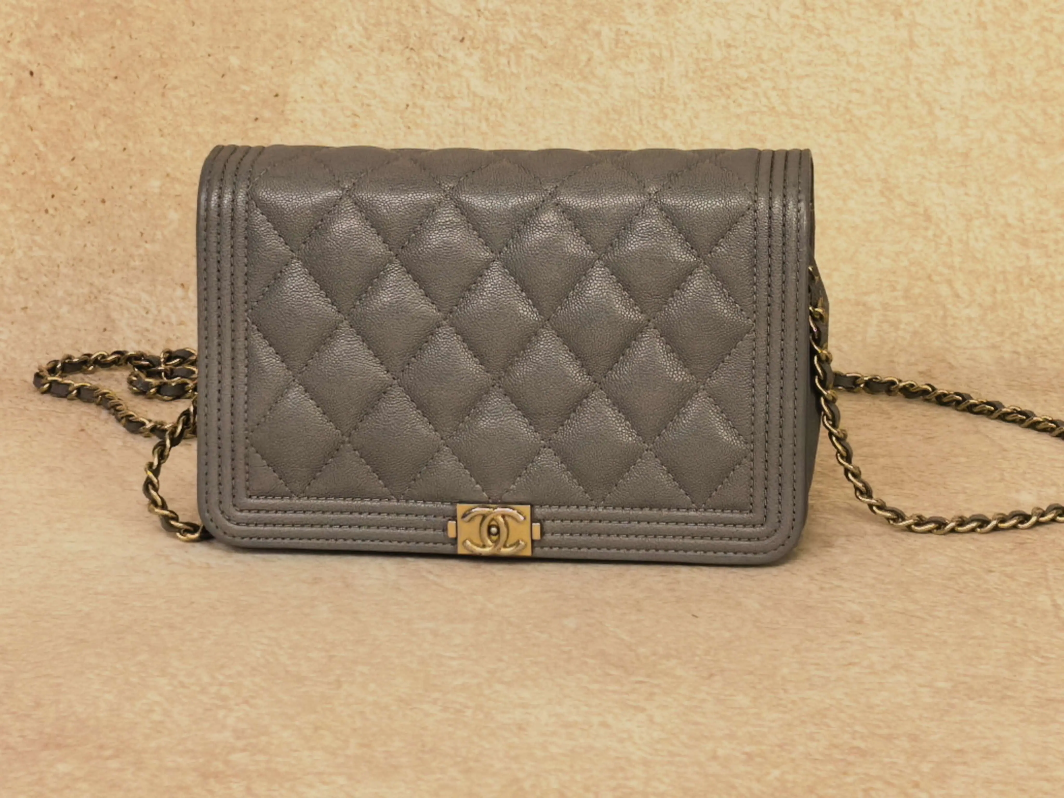 Pre-owned CHANEL Boy Wallet On Chain Grey