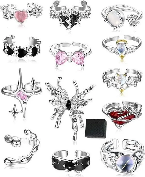 13pcs Y2k Rings for Women Vintage Irregular Rings for Women Men Chunky Adjustable Rings Gothic Goth Open Moonstone Butterfly Star Pink Heart Cool Statement Ring Aesthetic Accessories toe Ring Set
