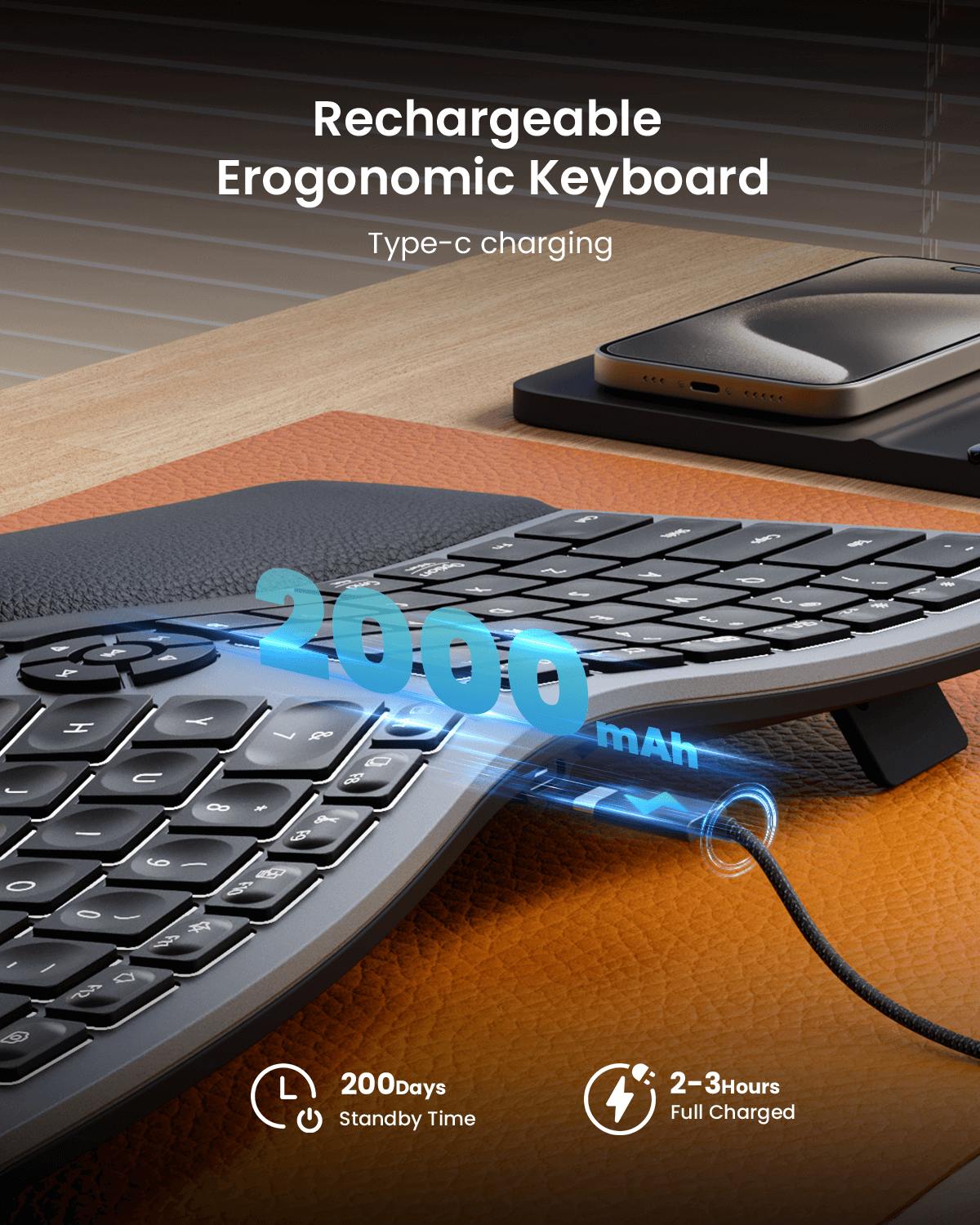 ProtoArc Backlit Bluetooth Ergonomic Keyboard, EK01 Plus Full Size Wireless Split Keyboard with Dual Bluetooth and USB, Cushioned Wrist Rest, Rechargeable, Compatible with Windows/Mac/Android