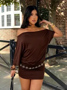 Summer Fashion Batwing Short Dress Lady, Casual Loose-Fitting Plain Minimalist Off The Shoulder Design, Perfect for Daily Wear & Music Festivals(Without Belt)