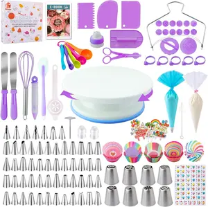 356Pcs Home Cake Decorating Kit Complete Baking Tools Non Slip Turntable Icing Tips Piping Bags Flower Nail Scraper Spatula Pastry Tools For Beginner Party Wedding Birthday Dessert Decoration