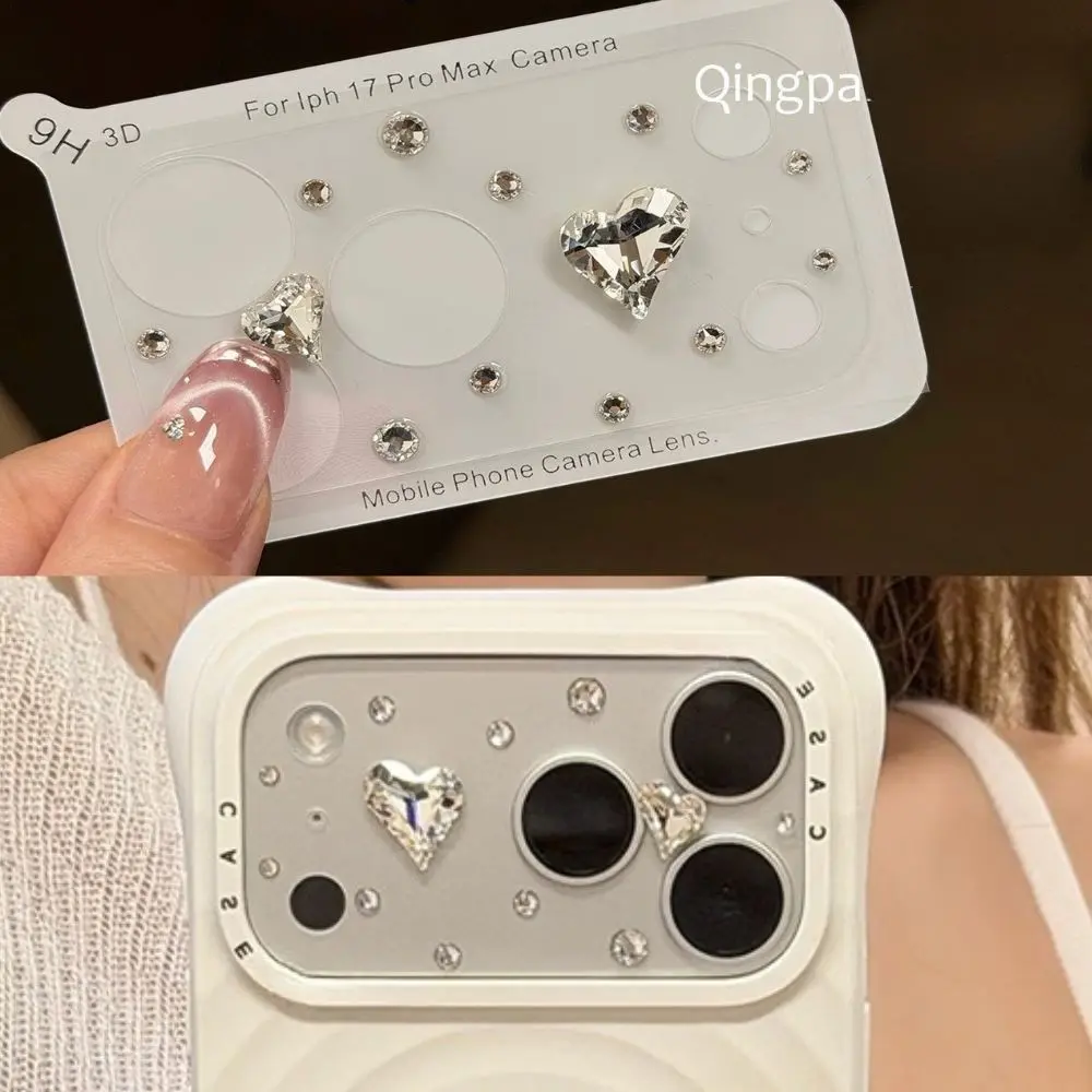 Stylish Heart Diamond Glitter Sticker For iPhone 17 Pro Max Smartphone Transparent Lens Film Protector New Apple 17 Pro Rear Camera Protective Scratch-Resistant Soft Matte Accessories Protection