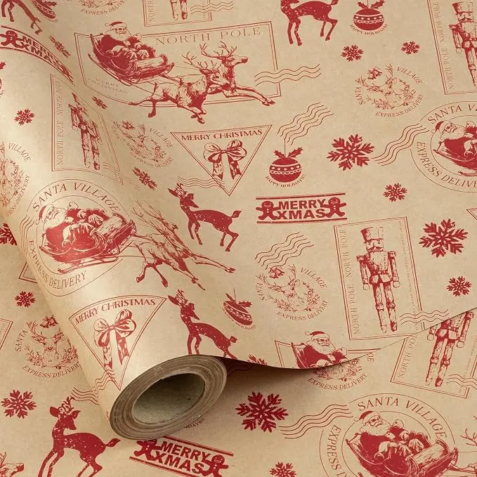 RUSPEPA Vintage Christmas Wrapping Paper Roll, Retro Kraft Holiday Gift Wrap with Santa, Red Reindeer & Nutcracker Postmark Design, Rustic Xmas Paper for Gifts, Parties & Holiday Decor,17 Inches x 16.4 Feet