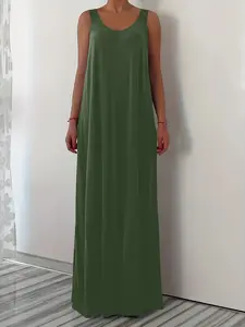 Plus Size Women's Loose Fit Tank Dress, Slimming Concealing Pockets, Perfect for Vacation Commuting, Pure Color Long Skirt