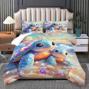 2/3 Pcs Iridescent Gemstone Turtles Bedding Comforter Set, Comforter & 1/2 Pillowcases (no filler), All-Season, Turtle Pattern, Fits Bedroom/Dreamy Fantasy Space/Dorm, Ideal for Ocean Lovers/Students/Holiday Gifting
