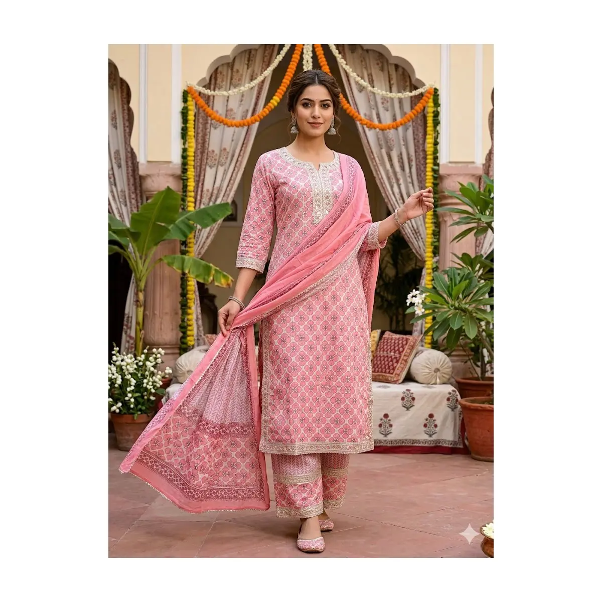 #3PS-28 Pink Floral Print Kurta Set with Silver Embroidery