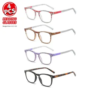 4 Pairs Unisex Reading Glasses, Multi-Color Striped Leopard Square Designs, +1.5 to +3.0 Degrees, Ideal for Daily Use at Home or On-The-Go