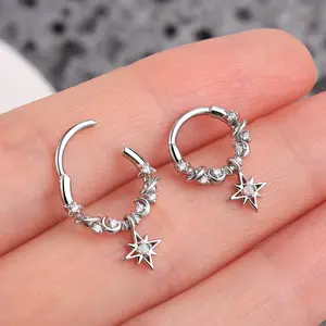 OUFER BODY JEWELRY 16G Unisex High Quality Tarnish-Free 316L Stainless Steel Celestial Theme Septum Nose Ring, 8mm/10mm Inner Diameter Star Moon Planet Dangle Charm, Gold & Silver Daily Wear Body Piercing Fashion Accessory