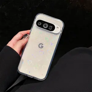 Gradient Laser Love Heart Pattern Clear Phone Case for Google Pixel 9 9Pro XL 9A 8 8Pro 8A Glitter Transparent Shockproof Cover Protection Protective Casing