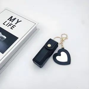 Portable Compact Lip Balm Case Heart Mirror Lipstick Protector Leather Cover Cute Simple Keychain, 1 Piece, Essential Accessory, Leather Material, Lip Balm Protection, Keychain Attachment, Keychain Accessories, Keychain Kawaii