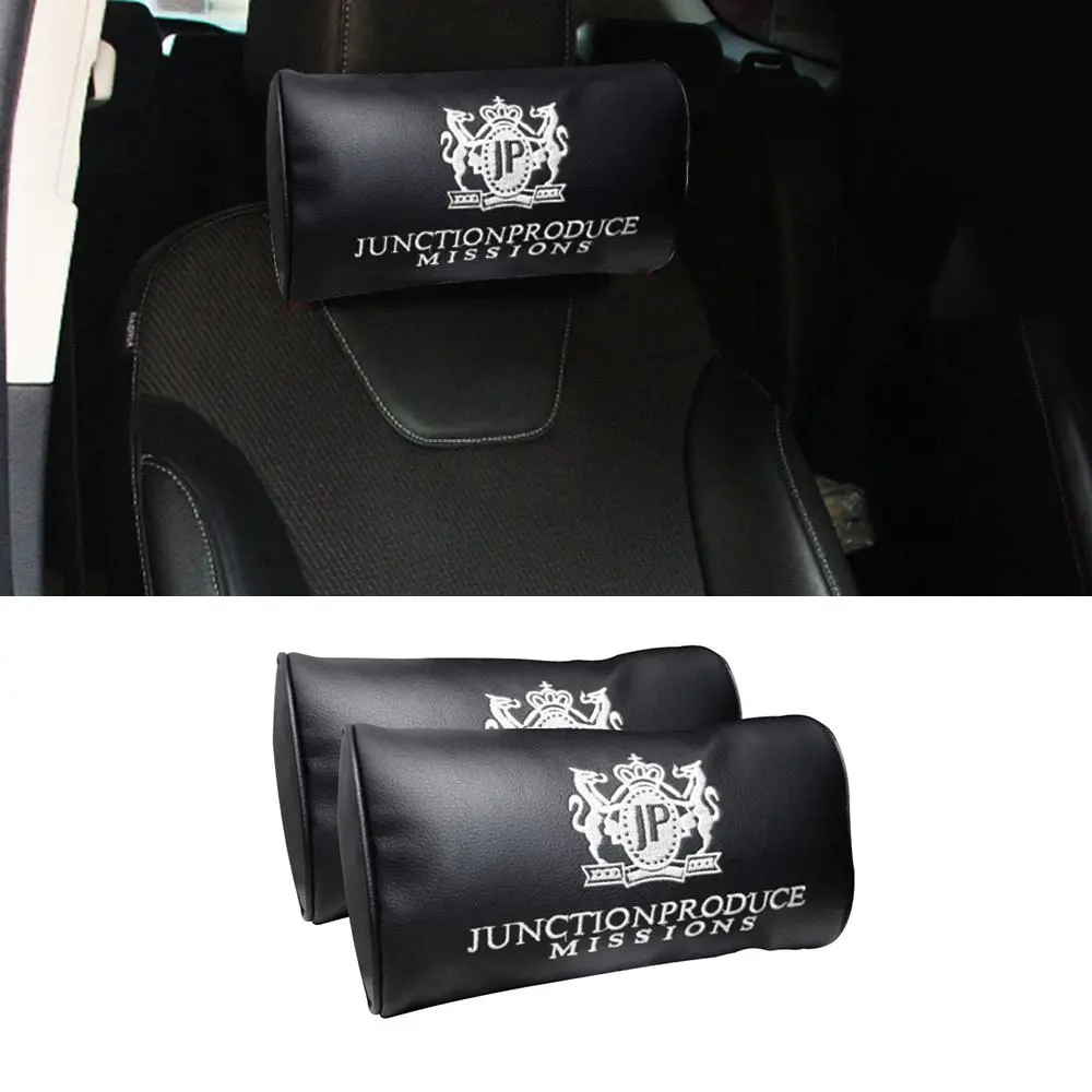 2Pc JP Junction Produce Black Leather Car Seat Neck Pillows Headrest Cushion Pad