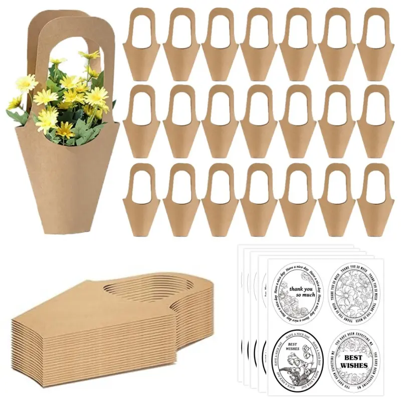  50 Pcs kraft paper flowers gift bags bouquets bags cones flower bouquet bags with handle to make bouquets for wedding, with Thank You Stickers for Floral Arrangement, paper wedding birthday gift bag valentines day gift bag