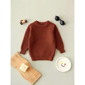 Baby Boys & Girls Ribbed Knit Sweater - Soft Stretchy Medium-Light Beige Fall/Winter Pullover with Round Neck, Long Sleeves & Snap Buttons for Casual Attire, Baby Boy Sweater, Cozy Babywear, Classic Round Neck, Durable Snap Buttons