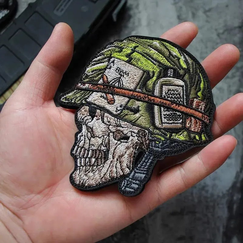 Green Skull Skeleton warrior embroidery patch with hanging ring fasteners-tactical armband and backpack accessories Embroidered Patches