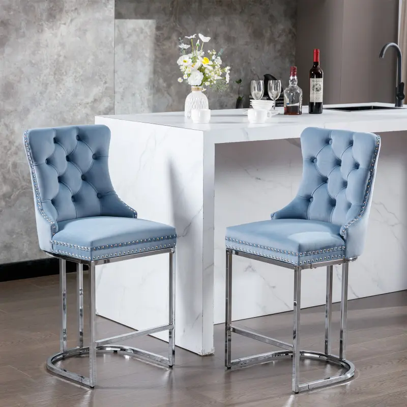 Counter Height Bar Stools Set of 2, Velvet Upholstered Barstools with Sturdy Metal Base Legs, Button Tufted and Nailheads Trim, High Back Bar Chairs for Kitchen Island Pub Cafe, Light Blue