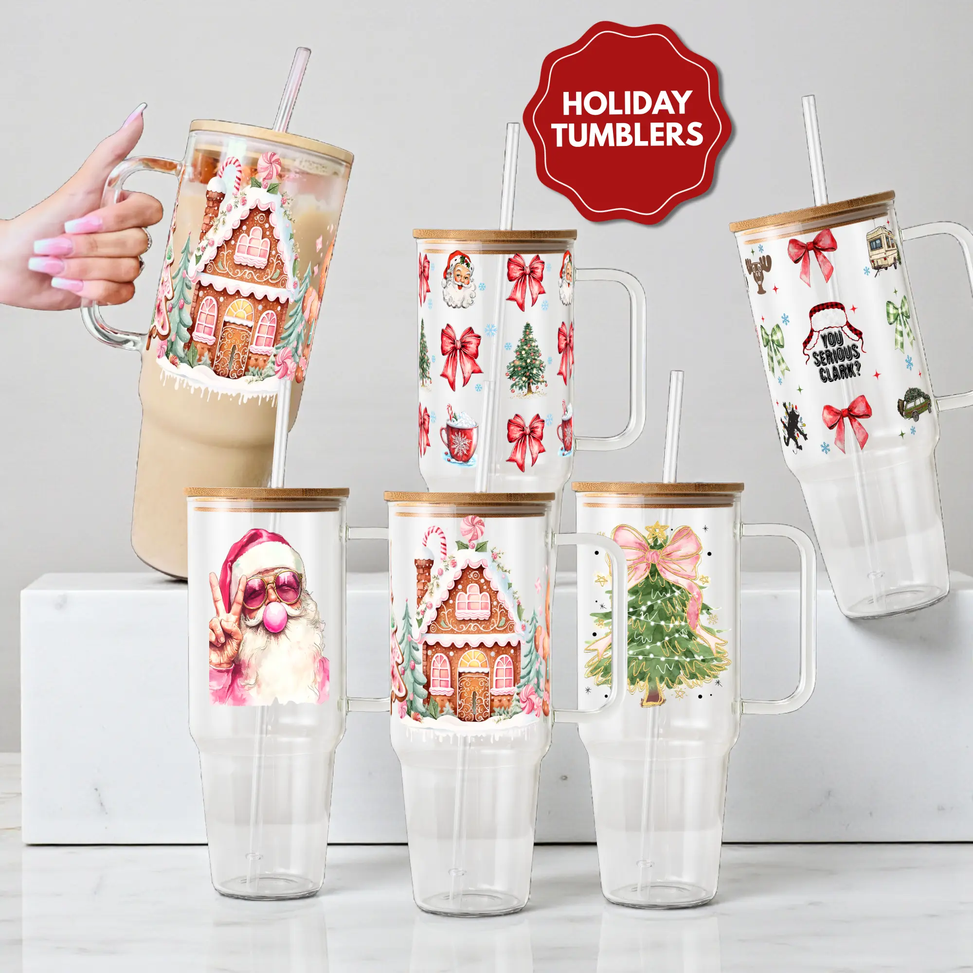 Christmas 40oz Glass Tumbler with Lid and Straw, Iced Coffee Drinkware, Gift for Her, Acrylic Tumbler, water bottle for women, christmas gift, Reusable, Printed, Mug, Bamboo, Silicone