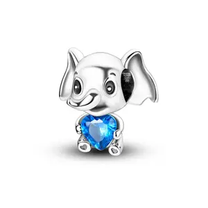 MULA cute elephant pendant, made of 925 Silver-plated, holding a blue heart-shaped zircon - compatible with Pandora bracelets and necklaces, a perfect gift for women, girls, children