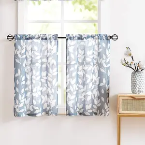 Blue Kitchen Tier Curtains 24" Short White Leaf Print Cafe Curtains for Small Windows 2 Panels