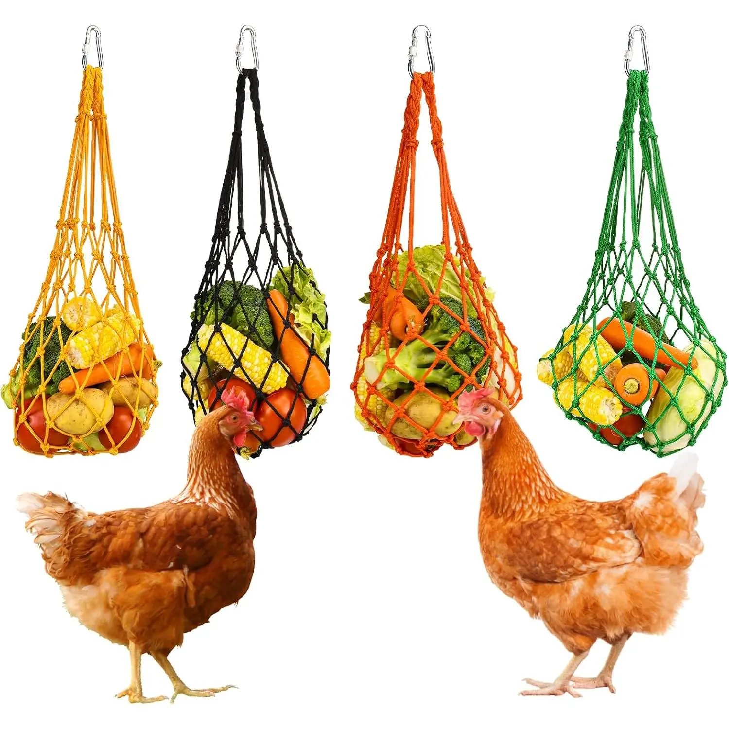 4 count Chicken Vegetable String Bag Poultry Fruit Holder Chicken Cabbage Feeder  Feeding Tool with Hook for Hens Chicken Coop  for Hen Goose Duck