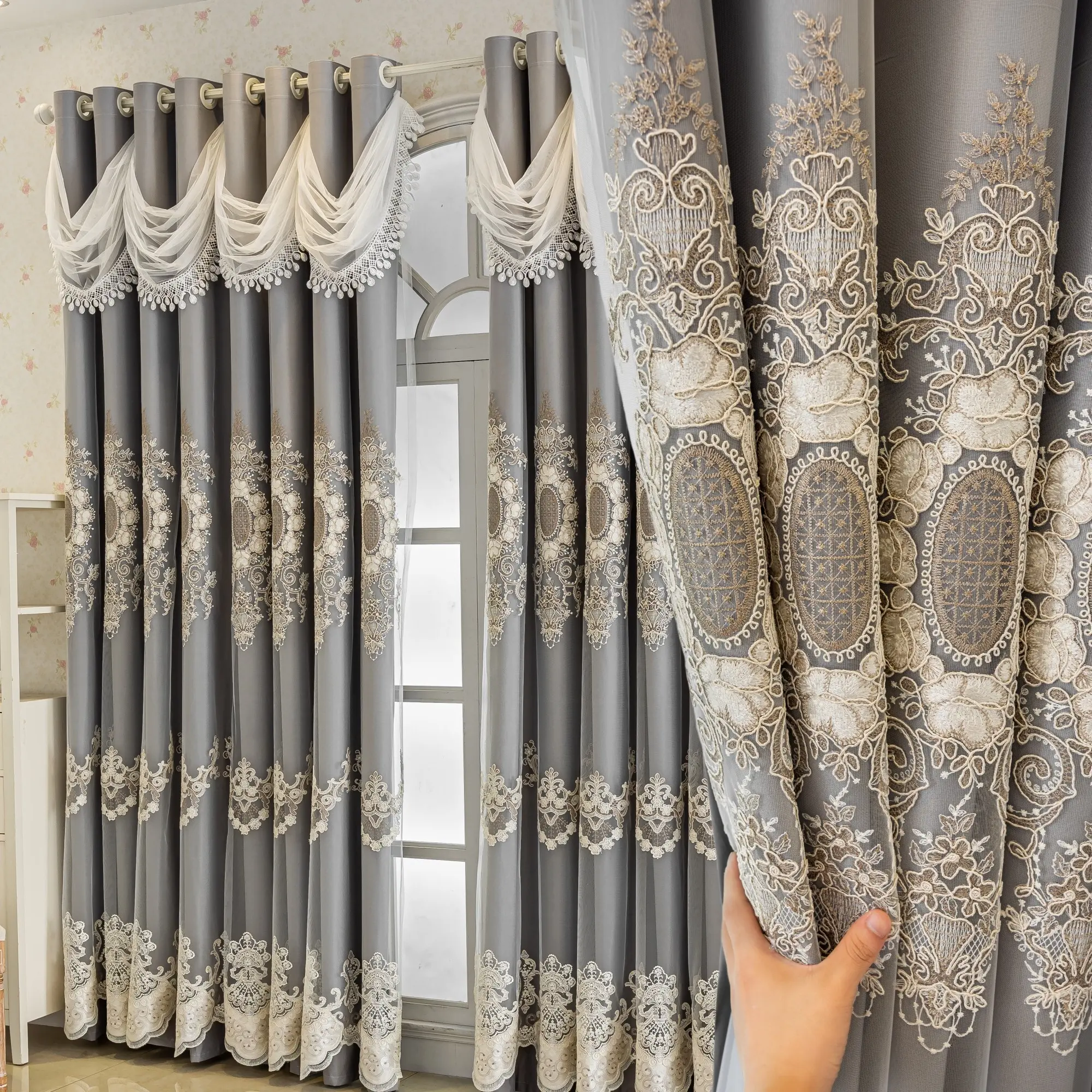 1pc European Embroidered Floral Window Curtain, with water wave top, UV blocking100% Light Blocking Heavy Curtain for Living Room Bedroom, Easy Installation, Windproof Sunblocker, Home Decorative Curtain
