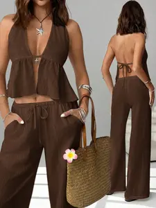 Women's Sexy Backless Halter Top Set Outfit, Sleeveless Strapless Vest, Slim Fit Fashion, Perfect for Casual & Party Wear