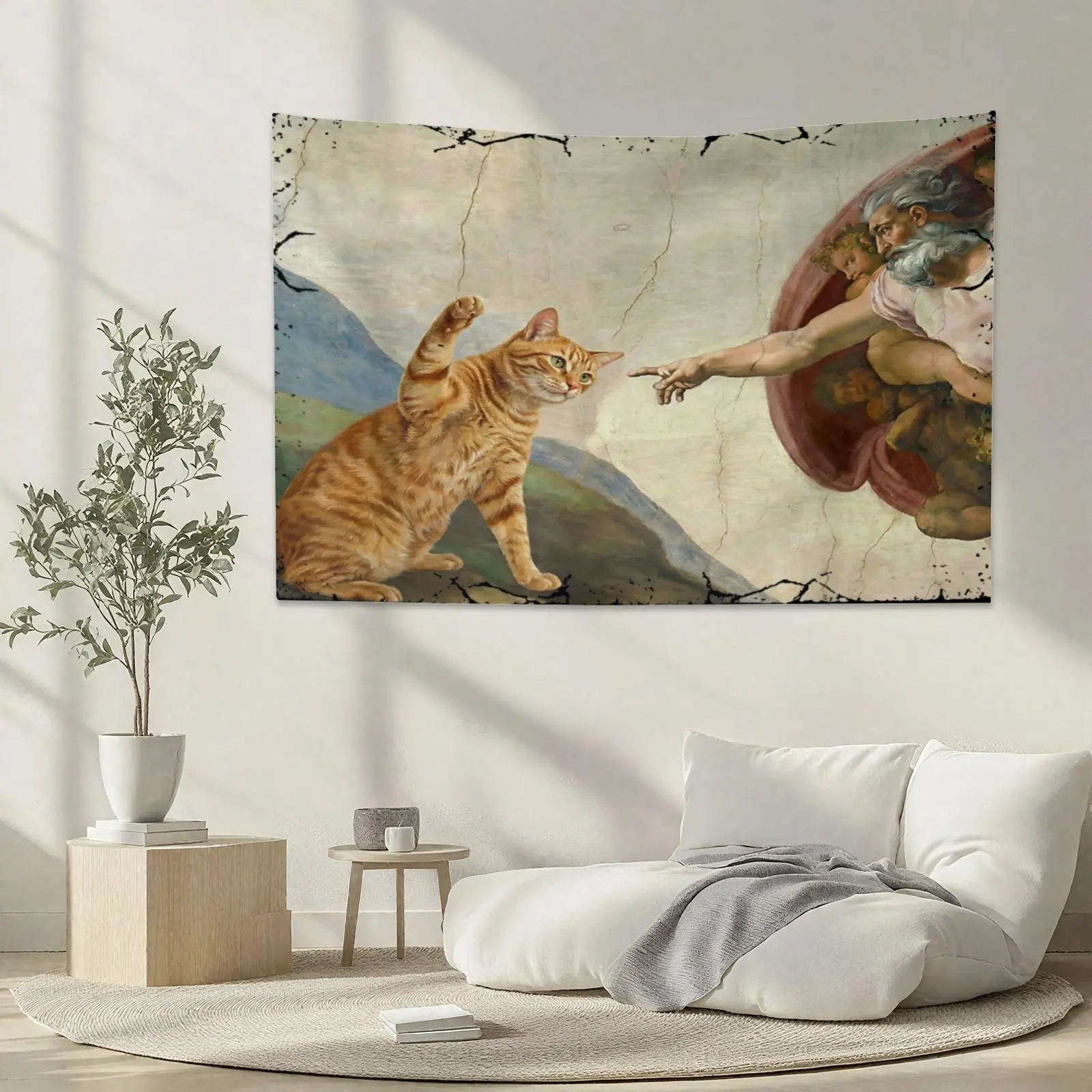 Cat Swatting God's Hand Funny Cat Meme Tapestry Wall Blanket Dorm Room Decor