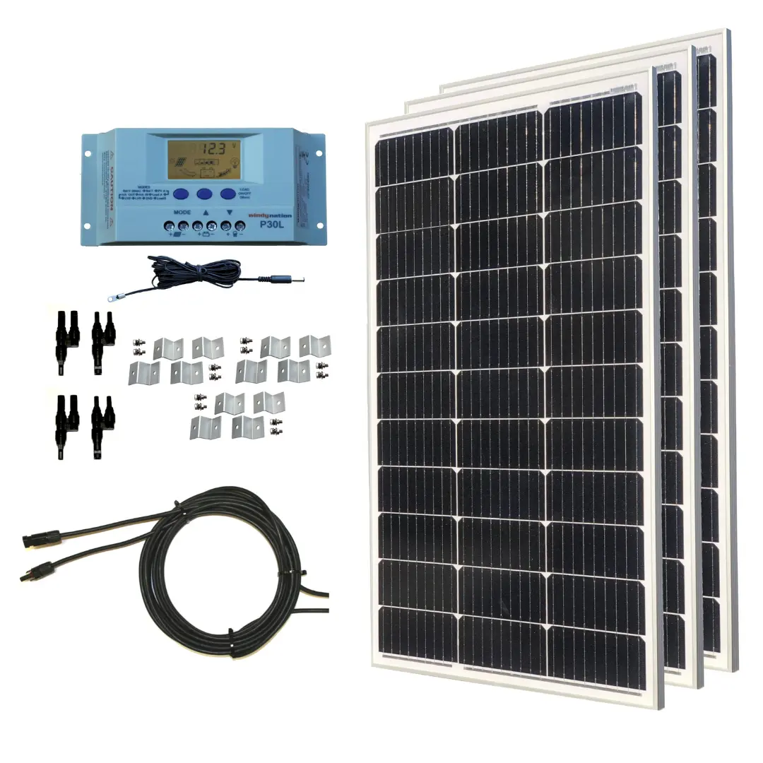 300W Monocrystalline Solar Panel Kits with P30L LCD Screen Solar Charge Controller, Batteries, Power Inverter for Boats, Cabins