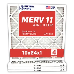 Filter King 10x24x1 Air Filter | 4-PACK | MERV 11 HVAC Pleated A/C Furnace Filters | MADE IN USA | Actual Size: 10 x 24 x .75"