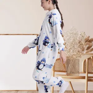 Penguin Full Body Cartoon Print Hooded Onesie, Fire Retardant Fabric, Long Sleeve, Pocket, Zipper Closure