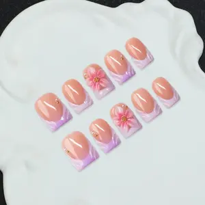 10pcs/Set Handmade Square Nail Tips, Glossy Acrylic Nails, Y2K Baddie Style, Nail Art, Nude & Purple Color With French Edge, Suitable For Women, Includes Essential Tools, Great Gift For Ladies Nails Nail Supplies Handmade Press On Nails