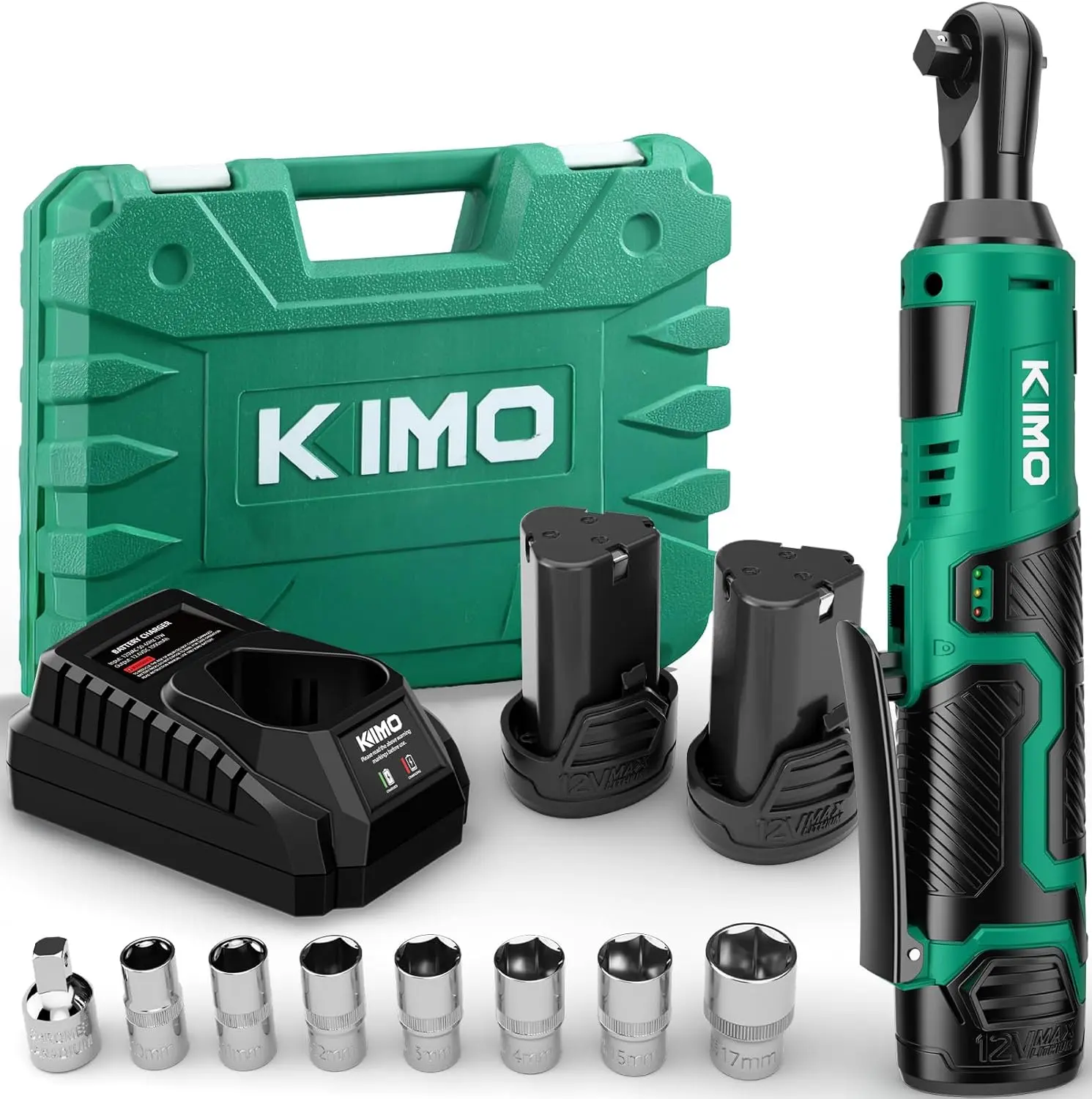 KIMO Cordless Electric Ratchet Wrench Set, 40Ft-lbs, 400RPM, 12V Cordless Ratchet Wrench 3/8" w/7Sockets, 1/4" Adapter, Infinitely Variable Speeds, Forward/Reverse Switch, 2x2.0 Battery & Fast Charger