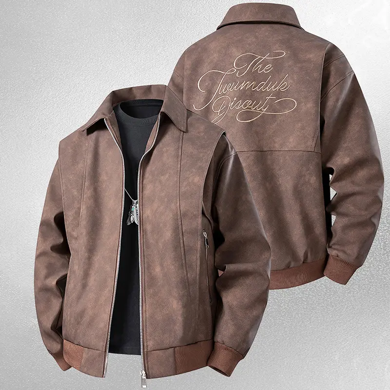 Men's Lapel Jacket Spring Zipper Fashion Loose Casual Coat  Stylish Long Sleeve Menswear Top Coffee Brown