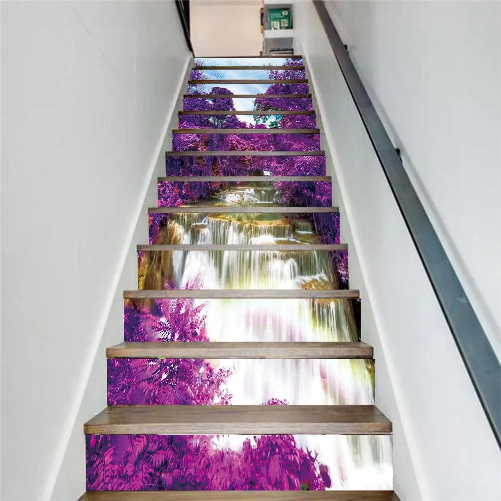 Waterfall Pattern Stair Sticker, 13pcs/set Self-adhesive Stair Decal, Waterproof Removable Wall Sticker, Decorative Sticker for Home Living Room Bedroom