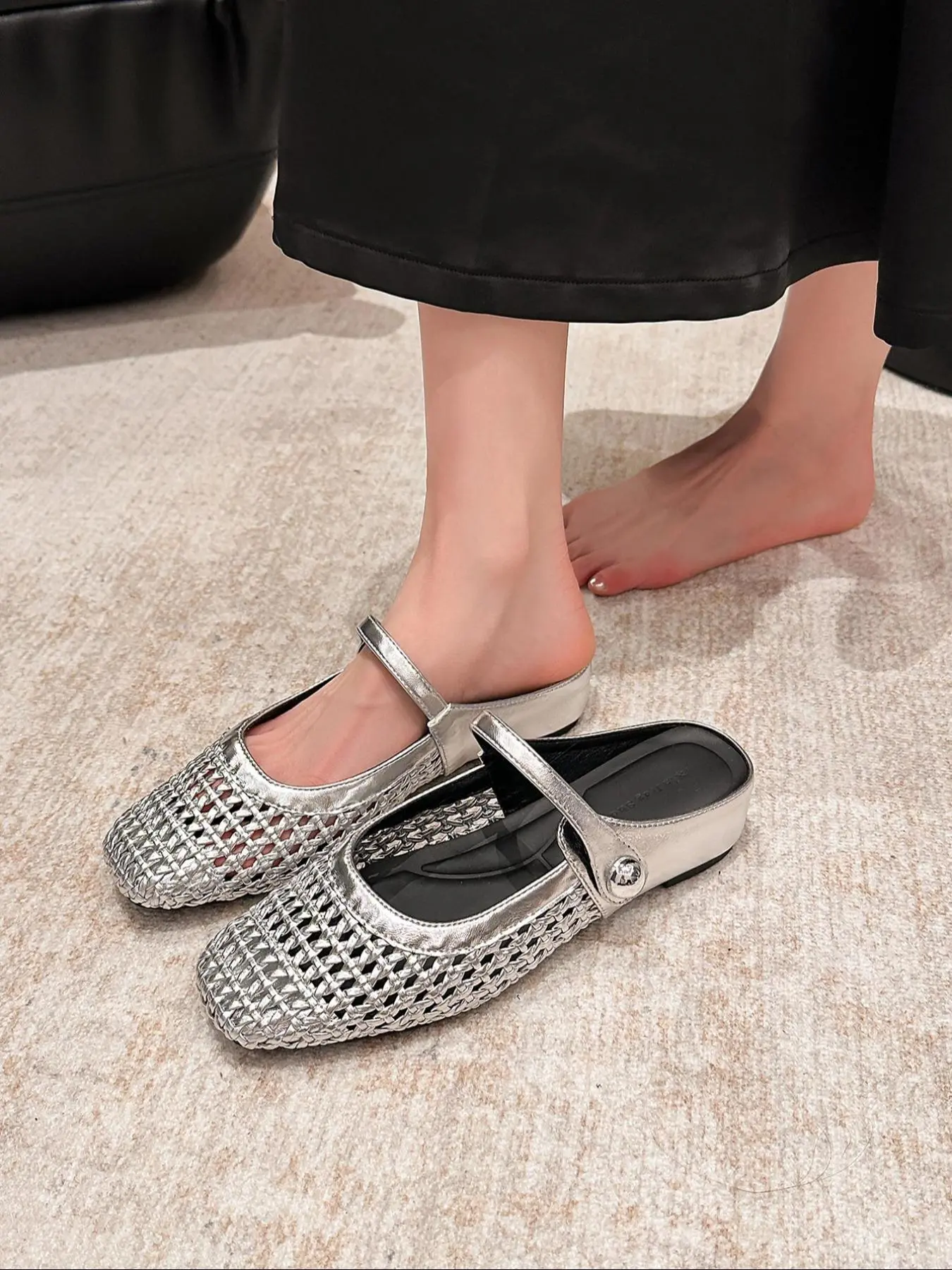 Unique Square Toe Women's Shoes, Casual PU Leather Flat Sandals, Spring & Fall Fashion, Invisible Heel Lift 4cm, Medium Width