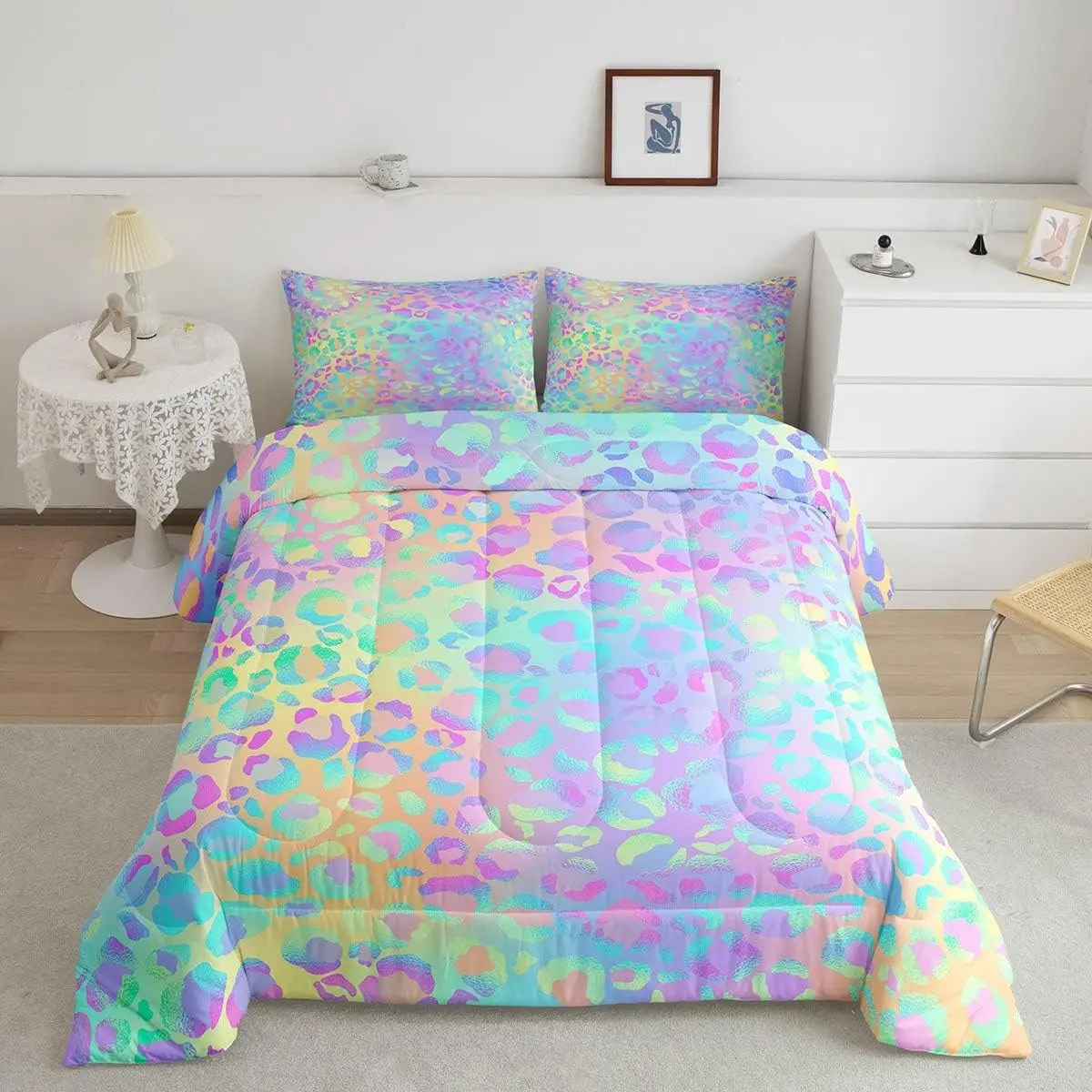 Feelyou Women's Leopard Animal Prints All-Over Print Duvets & Sets - Breathable Soft Twin/Full/Queen Size Cheetah Duvet Cover with Pillowcase, All-Season Modern Colorful Rainbow Bed Set, Machinewash Easy