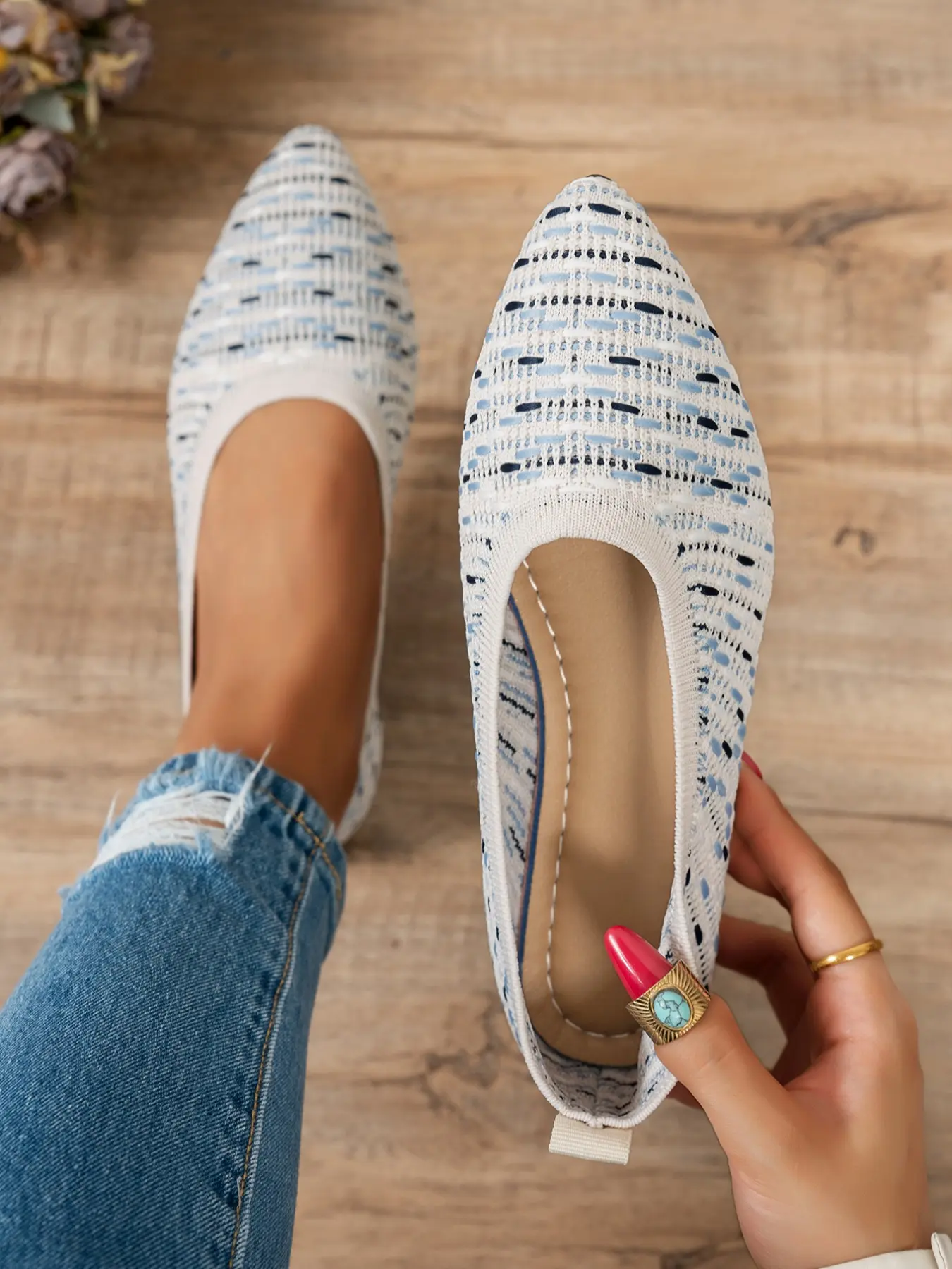 Colorful Pointed Toe Flat Knit Shoes, Casual Comfort Walking Shoes, Breathable Slip On Flats, Perfect for Shopping, Grocery, Commuting, Elegant Mom Shoes, Scandinavian Ballet Flats, Commuter Shoes