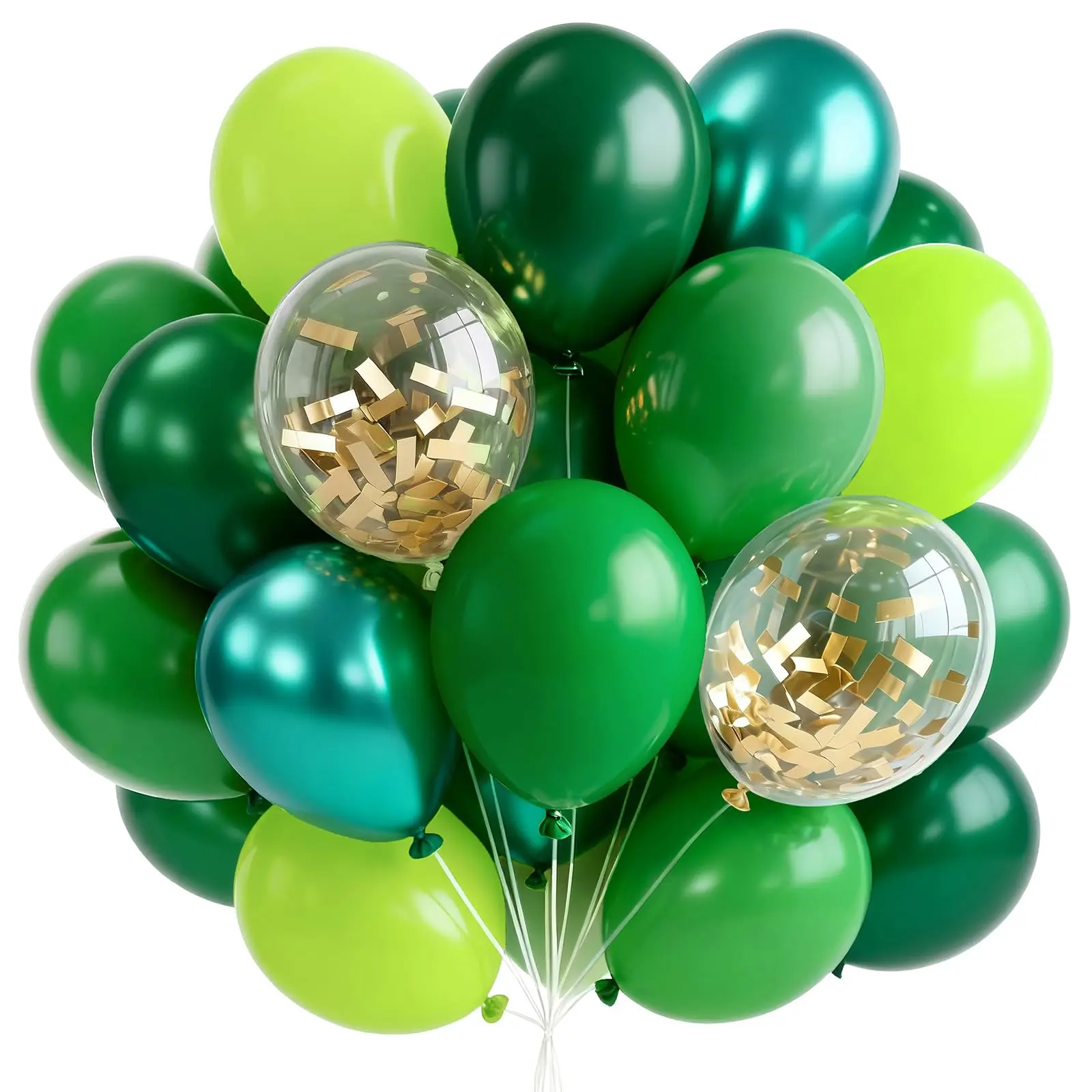 PartyWoo 66 pcs 12 in Thick Latex Balloons Kit - Light Lime, Dark Emerald, Hunter Forest, Metallic Green, Gold Confetti, Floatable for Dinosaur Theme Decor, Anniversary, Graduations, Balloon Arch