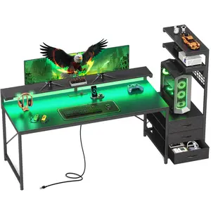 68" Gaming Desk with LED Lights & Outlets, Computer Desk with 3 Fabric Drawers, PC Desk with PC Case Stand & Movable Storage Shelves, Monitor Stand, Reversible, Carbon Fiber Black